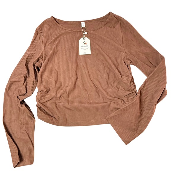 Laslulu Ribbed Crop Top Ruched Long Sleeve Flared Sleeve Brown 2XL - Picture 1 of 5